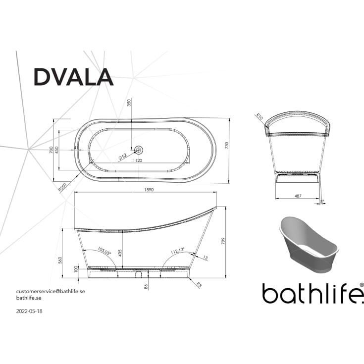 Bathlife Dvala frittstående badekar, 159x73 cm, hvit