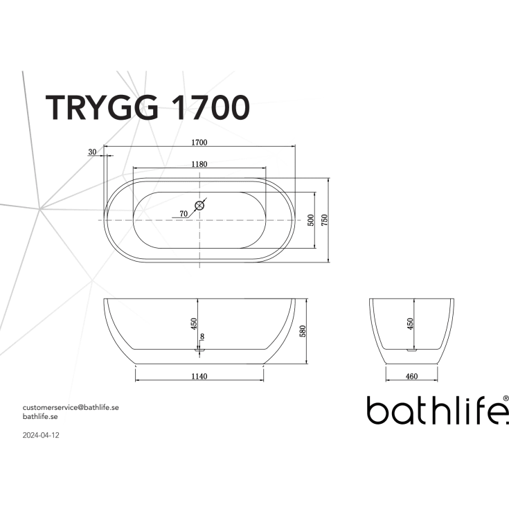 Bathlife Trygg badekar, 170x75 cm, hvit