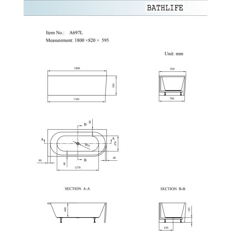 Bathlife Själsro A697 badekar, 180x82 cm, venstre, hvit