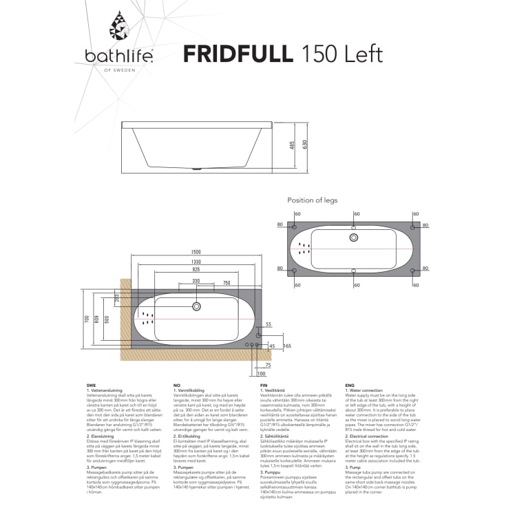 Bathlife Fridfull boblebad premium, 150x70 cm, venstre, hvit