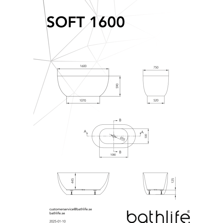 Bathlife Soft badekar, 160x75 cm, hvit