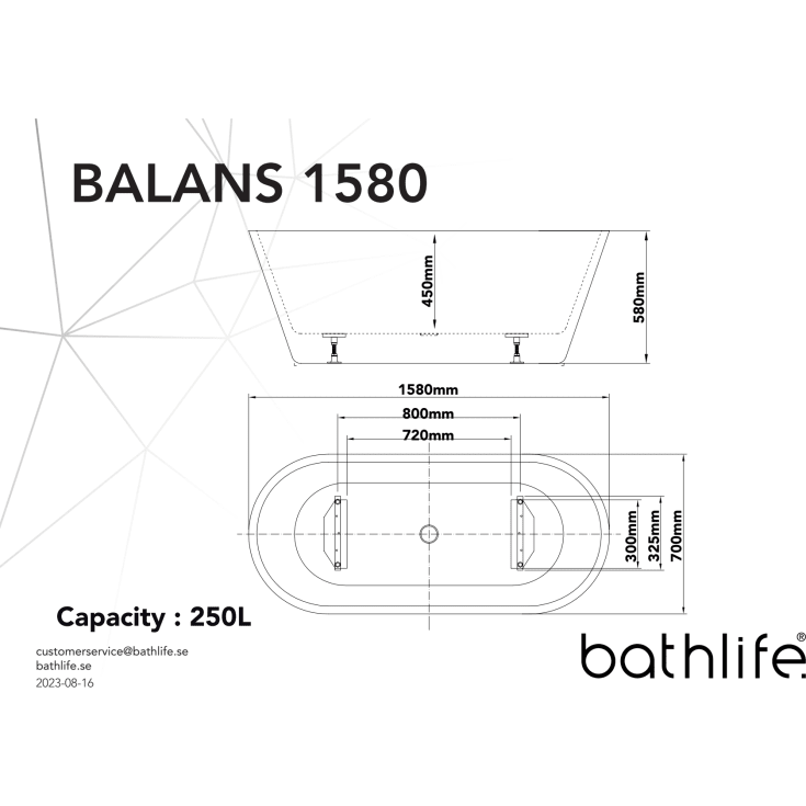 Bathlife Balans badekar, 158 cm, hvit