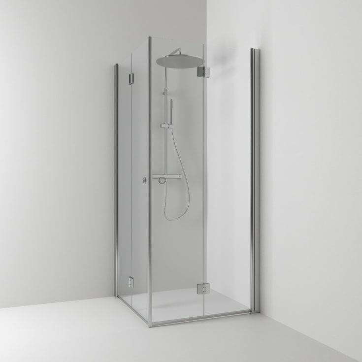 Svedbergs Skoga brusehjørne, 89x89 cm, klart glas, mat aluminium profil