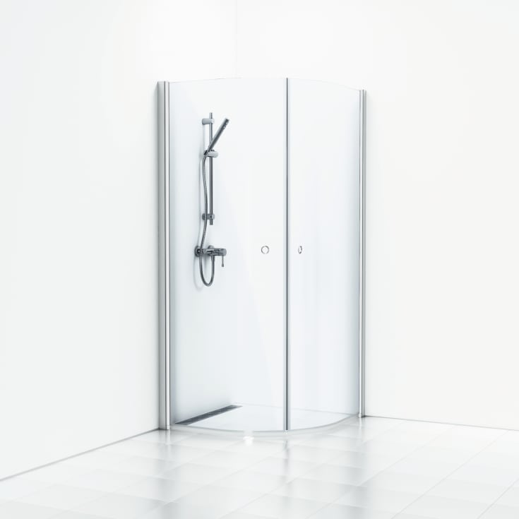 Svedbergs Skoga brusehjørne, 79x79 cm, klart glas, mat aluminium profil