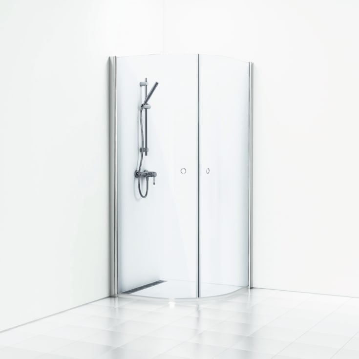 Svedbergs Skoga brusehjørne, 79x89 cm, klart glas, blank aluminium profil