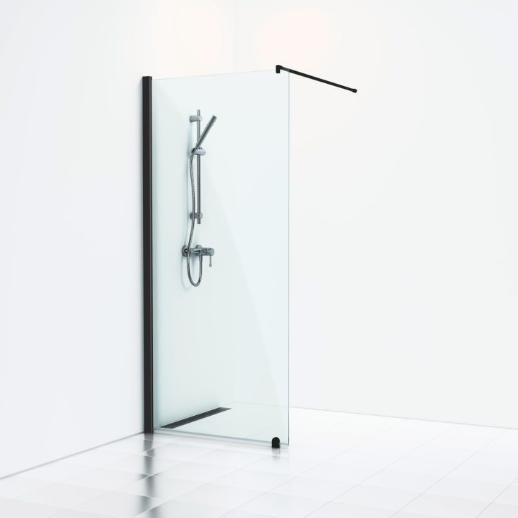 Svedbergs Skoga brusevæg, 90 cm, klart glas, mat sort profil