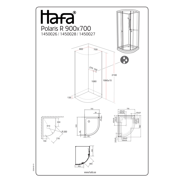 Hafa Polaris R dusjkabinett, 90X70 cm