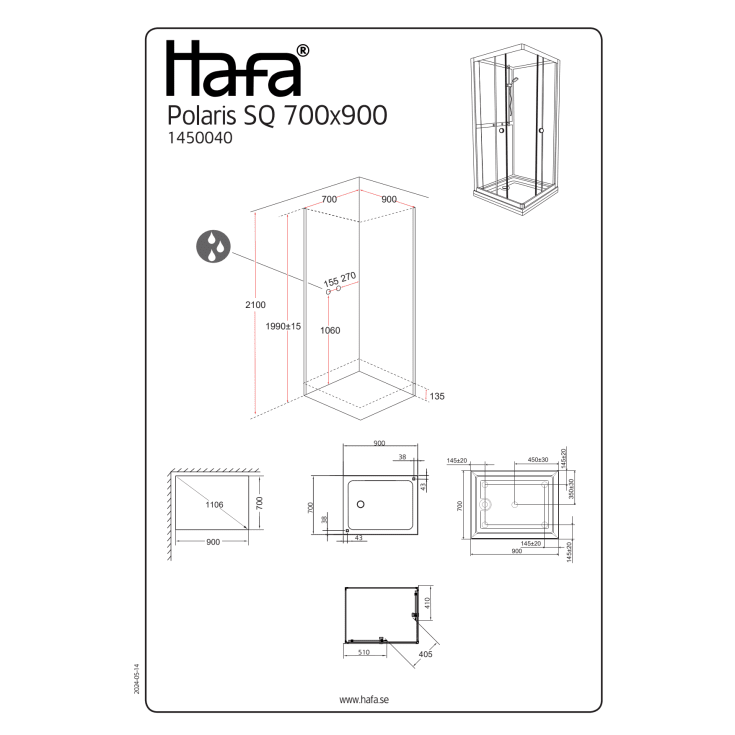 Hafa Polaris Sq dusjkabinett, 70X90 cm