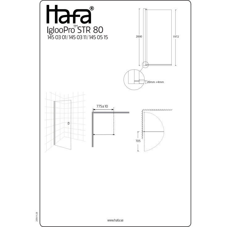 Hafa Igloo Pro dusjdør, 76,5 cm, klart glass, sort profil