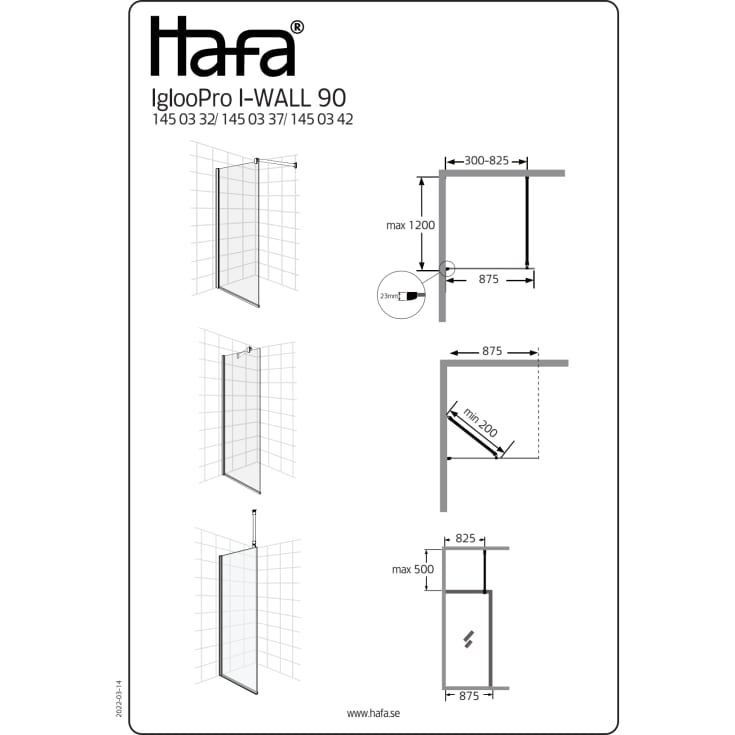 Hafa Igloo Pro dusjvegg, 87,5 cm, frostet glass, aluminium profil