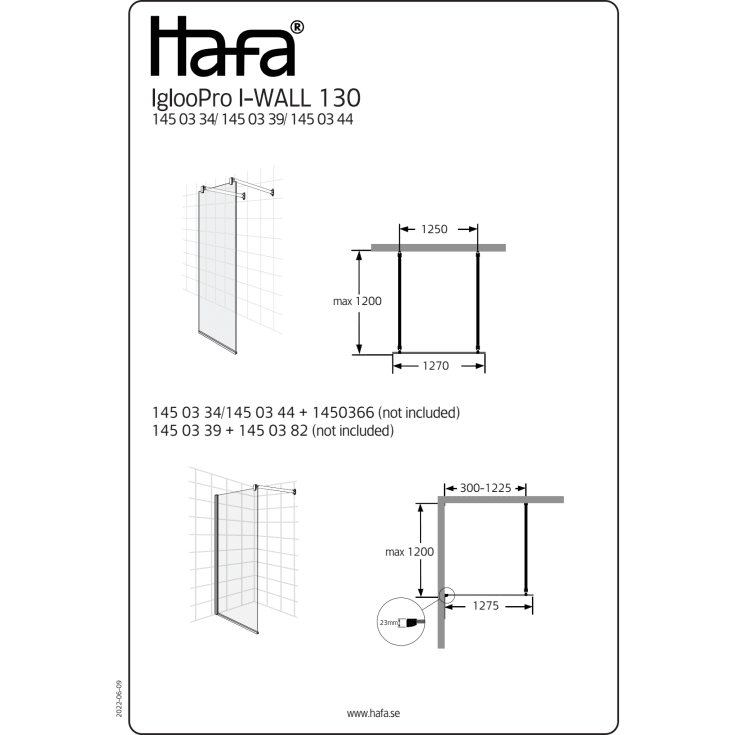 Hafa Igloo Pro dusjvegg, 130 cm, frostet glass, aluminium profil