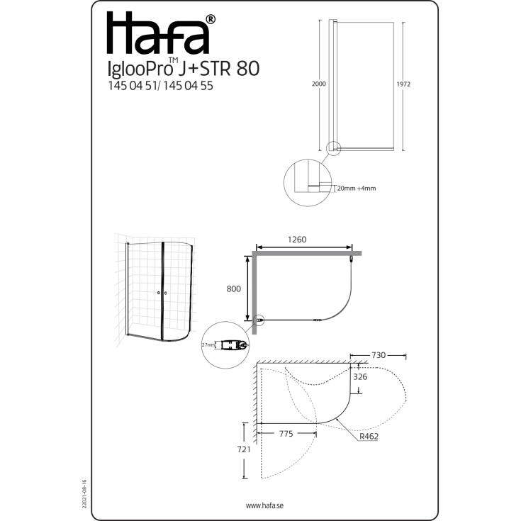 Hafa Igloo Pro dusjhjørne, 126x80 cm, frostet glass, aluminium profil