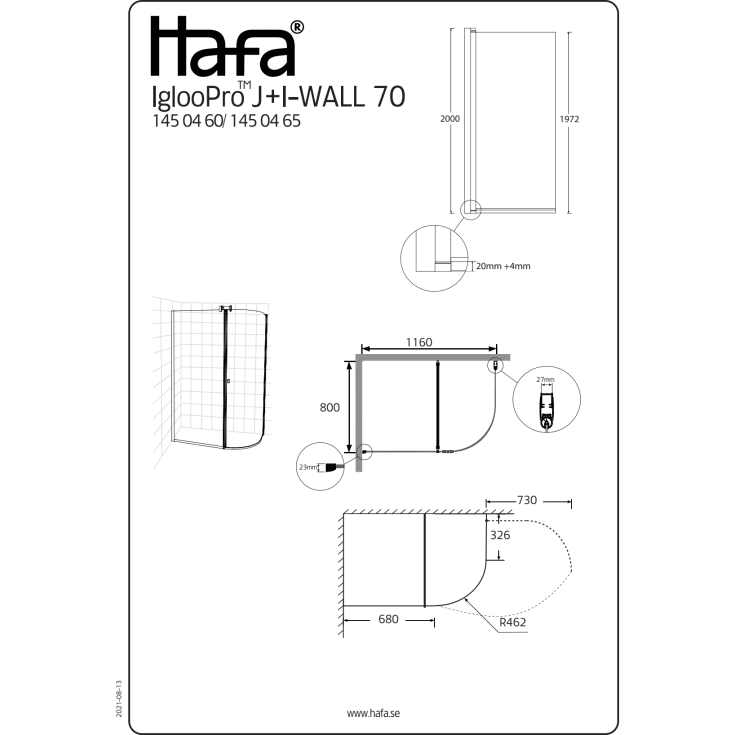 Hafa Igloo Pro dusjhjørne, 116x80 cm, frostet glass, aluminium profil