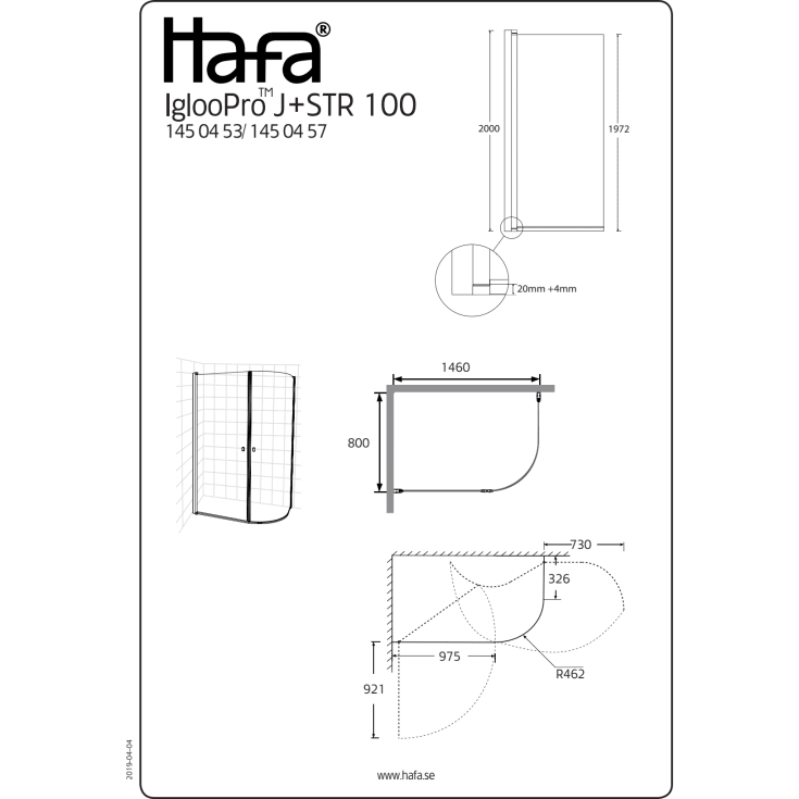 Hafa Igloo Pro dusjhjørne, 146x80 cm, frostet glass, aluminium profil