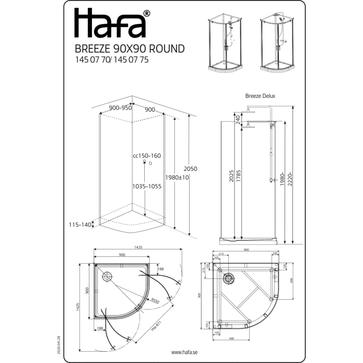 Hafa Breeze R dusjkabinett, 90X90 cm