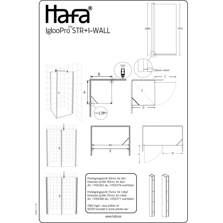 Hafa Igloo Pro dusjnisje, 215,5-218,5 cm, klart glass, sort profil