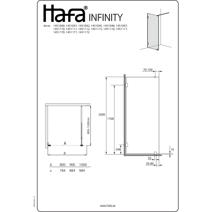 Hafa Infinity dusjvegg, 78,4 cm, klart glass, messing profil