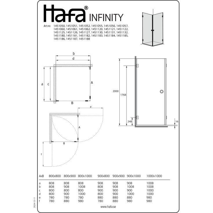 Hafa Infinity dusjhjørne, 90x90 cm, klart glass, sort profil