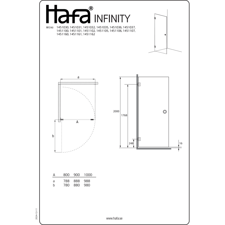 Hafa Infinity dusjdør, 88,8 cm, klart glass, sort profil