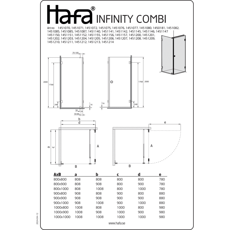 Hafa Infinity Combi dusjhjørne, 100,8x100,8 cm, klart glass, krom profil