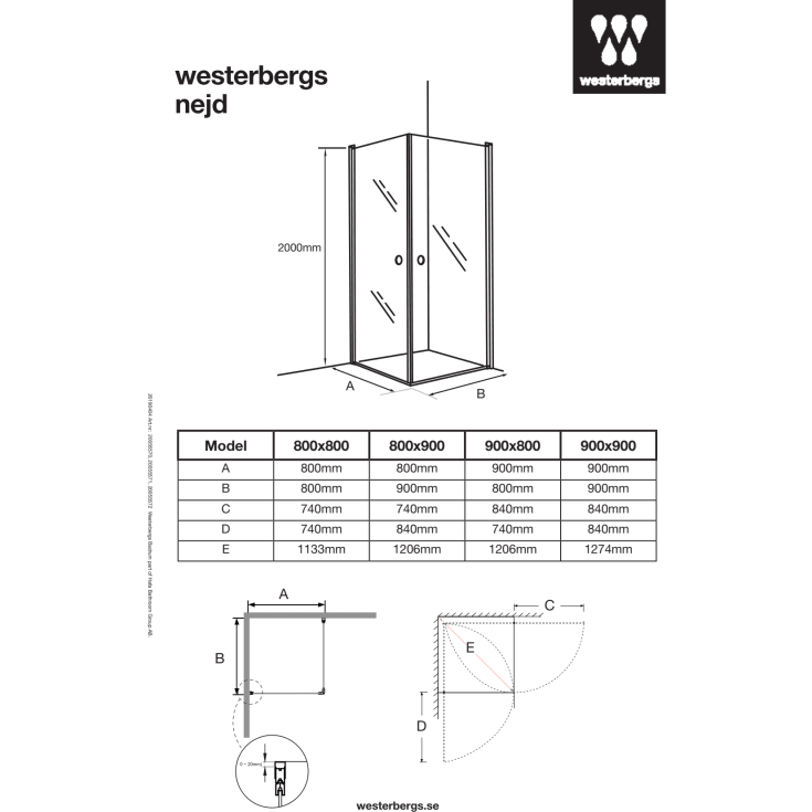 Westerbergs Nejd dusjhjørne, 80x80 cm, klart glass, matt aluminium profil