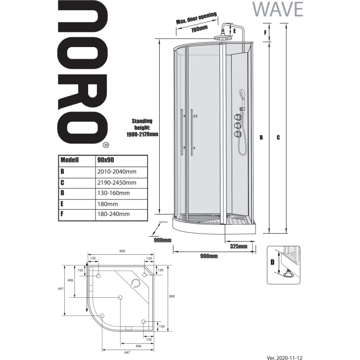 Noro Wave dusjkabinett, 90x90 cm, klart glass, aluminium profil
