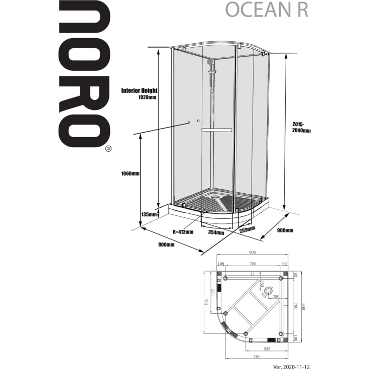 Noro Ocean dusjkabinett, 90x90 cm, klart glass, hvid profil