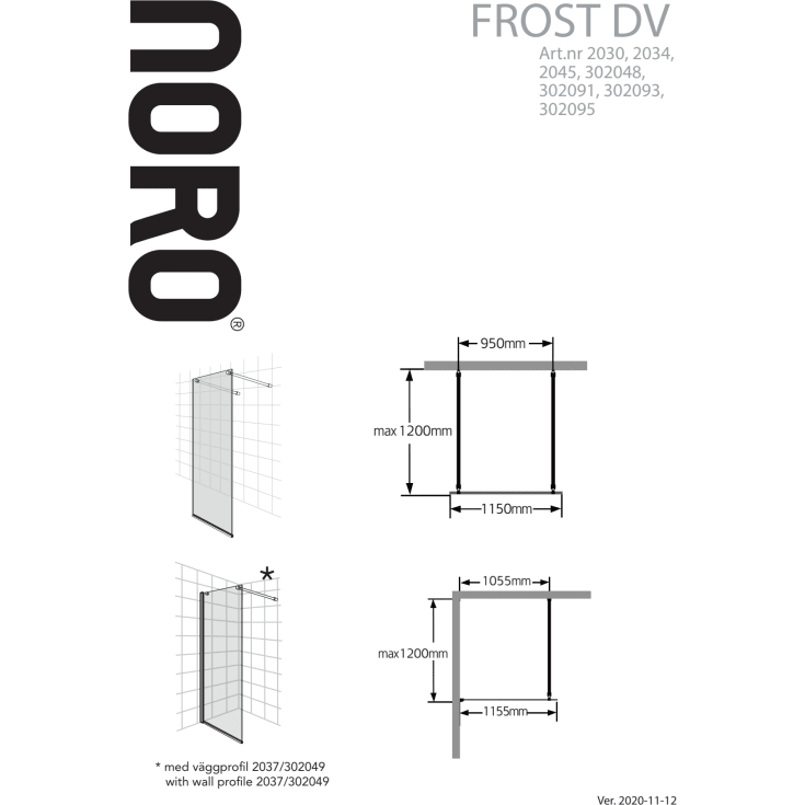 Noro Frost dusjvegg, 115 cm, riflet glass, krom profil