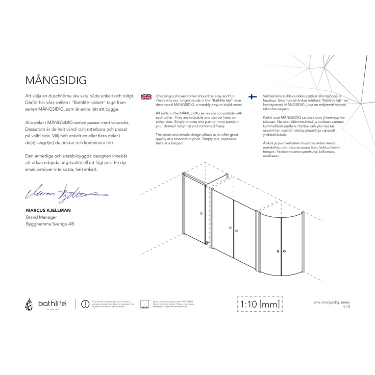 Bathlife Mångsidig dusjvegg, 70 cm, klart glass, sort profil