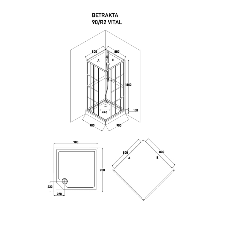 Bathlife Betrakta Dusjkabinett, 90x90 cm, Sort Matt / Klart Glass
