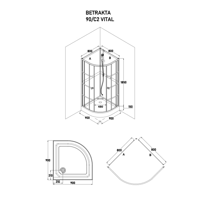 Bathlife Betrakta Dusjkabinett, 90x90 cm, Sort Matt/Klart Glass