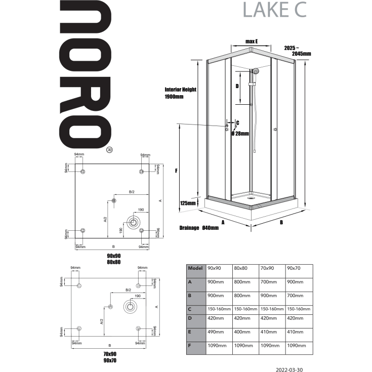 Noro Lake dusjkabinett, 70x90 cm, klart glass, aluminium profil