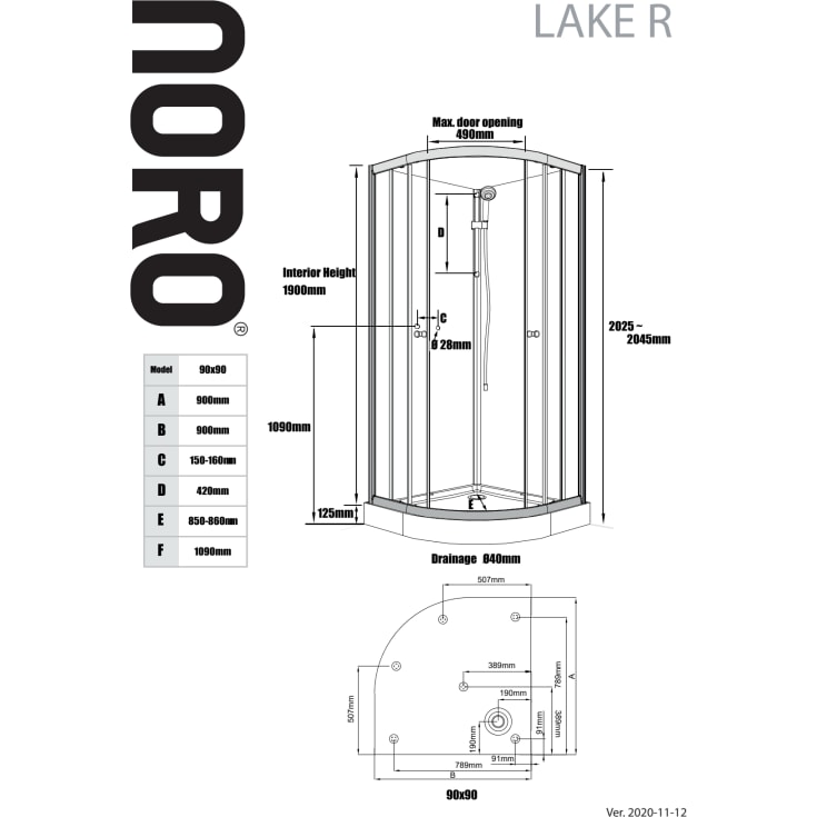 Noro Lake dusjkabinett, 90x90 cm, klart glass, aluminium profil