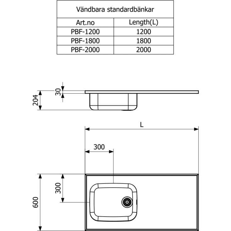 Purus Basic F stålbord, 180x60 cm, rustfrit stål
