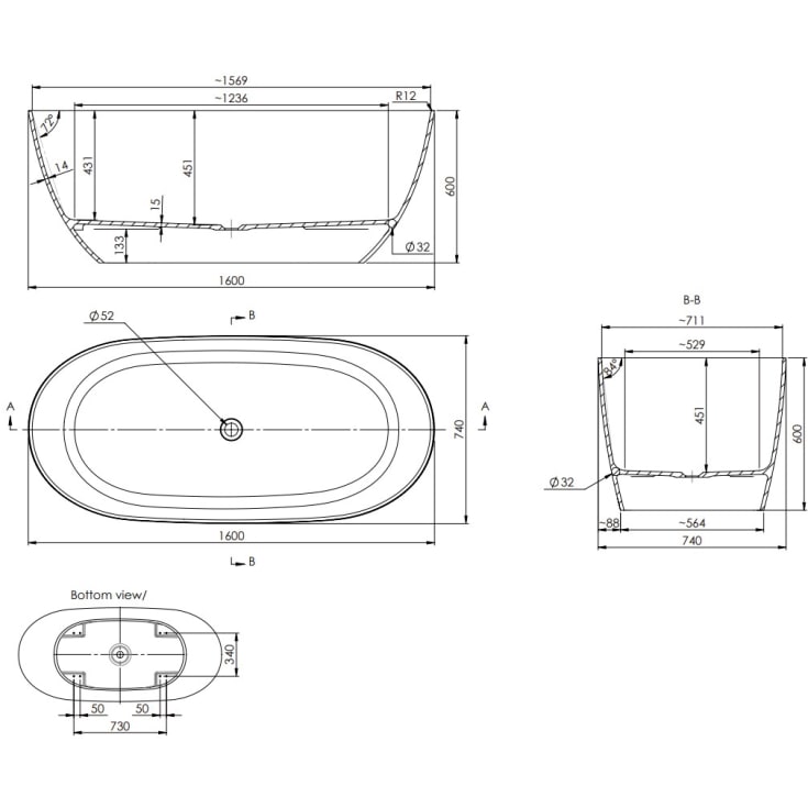 Strømberg Arden badekar, 160x74 cm, mat hvid