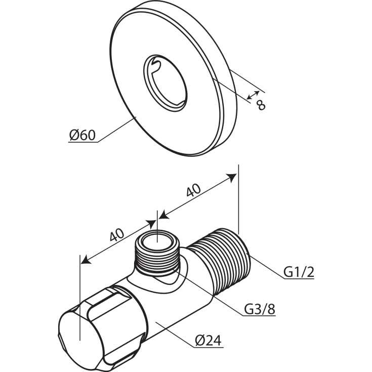 Damixa stopventil, 1/2 x 3/8" nippel, 2 stk., krom