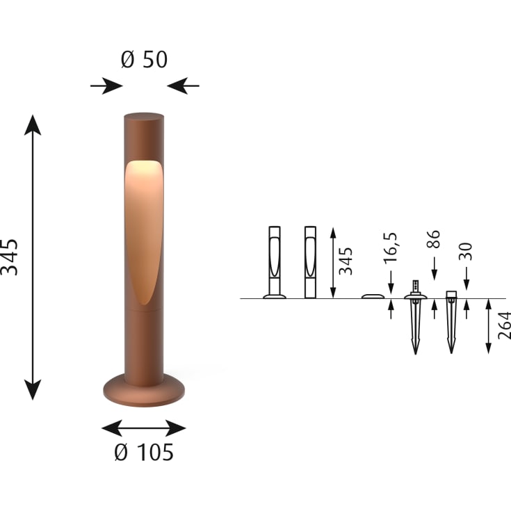 Louis Poulsen Flindt Garden trädgårdslampa, 3000K, spjut, corten, låg