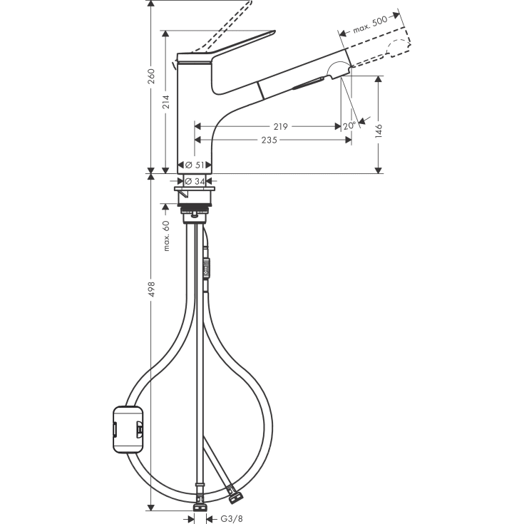 Hansgrohe Zesis M33 köksarmatur, utdragbar pip, krom