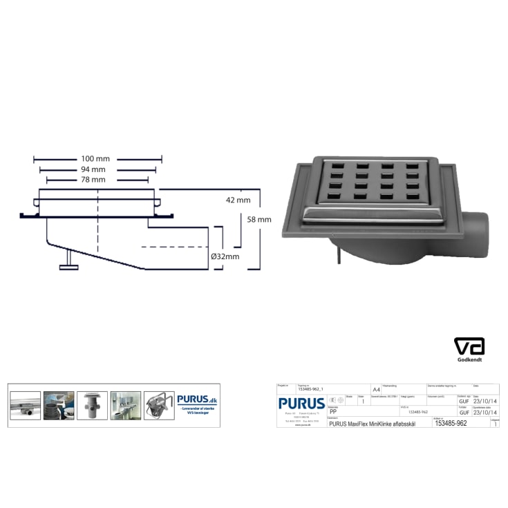 Purus Maxiflex Mini afløbsskål, til beton og flisegulv, Ø32 mm, rustfrit stål