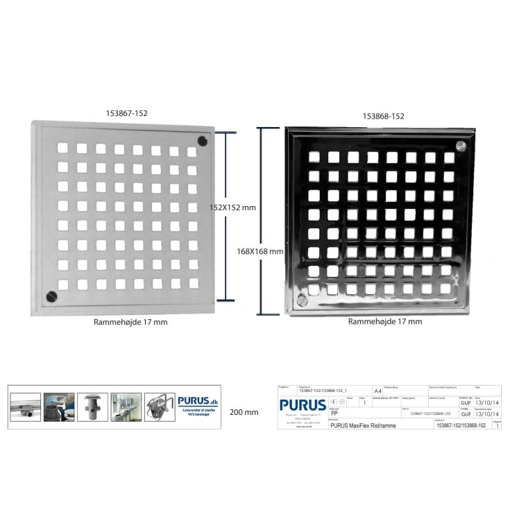 Purus MaxiFlex afløbsrist, rist og ramme, plast, 168x168 mm, krom