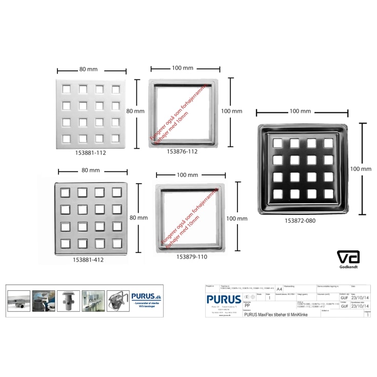 Purus MaxiFlex afløbsrist, rist og ramme, 100x100 mm, rustfrit stål