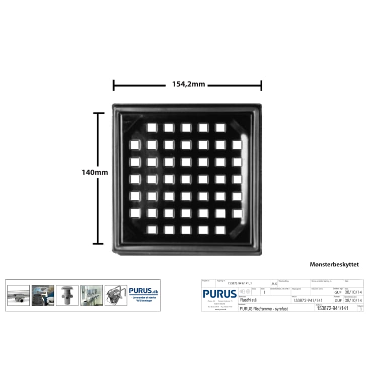 Purus MaxiFlex afløbsrist, rist og ramme, 154,2x154,2 mm, rustfrit stål