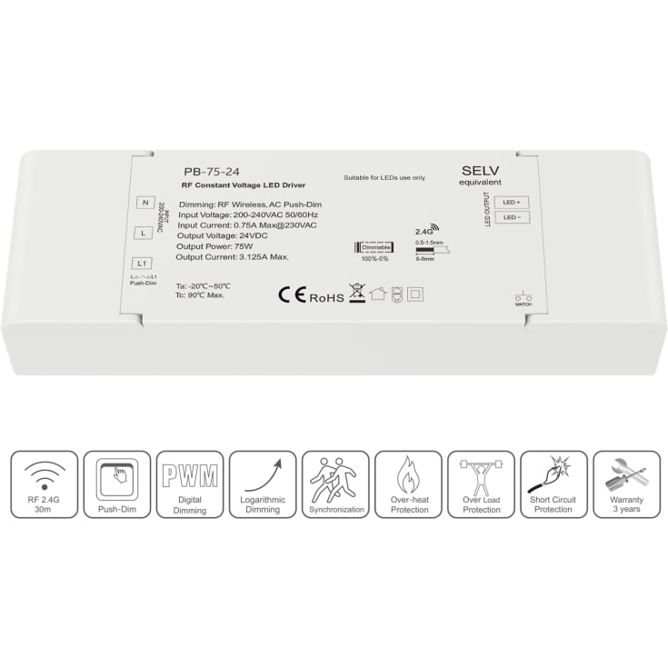 driver 24V 75W dimbar RF 24GHz PUSH-dimming AC/DK-adapter