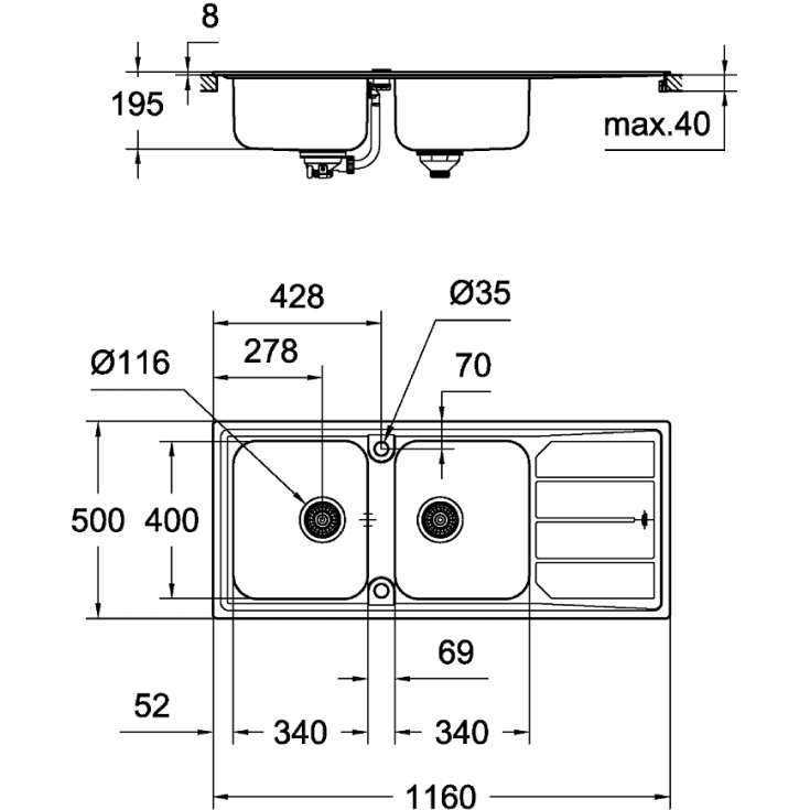 Grohe K500 køkkenvask, 116x50 cm, rustfrit stål
