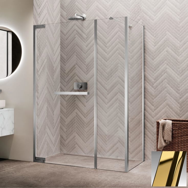 Novellini N180 GFL slagdør InLinea for hjørne, 119-122 cm, klart glass, messing profil