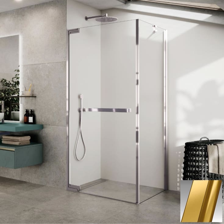 Novellini N180 FG sidefastfelt, 97,5-99 cm, klart glass, børstet messing profil