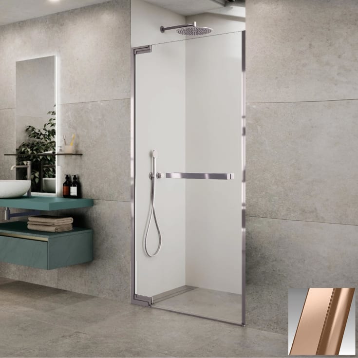 Novellini N180 1B slagdør nisje, 88,5-90 cm, klart glass, børstet kobber profil