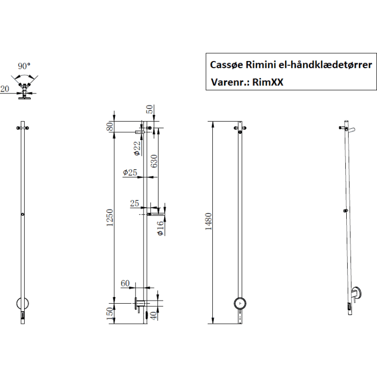 Cassøe Rimini håndklædetørrer, el, 8,5x148 cm, børstet rustfrit stål