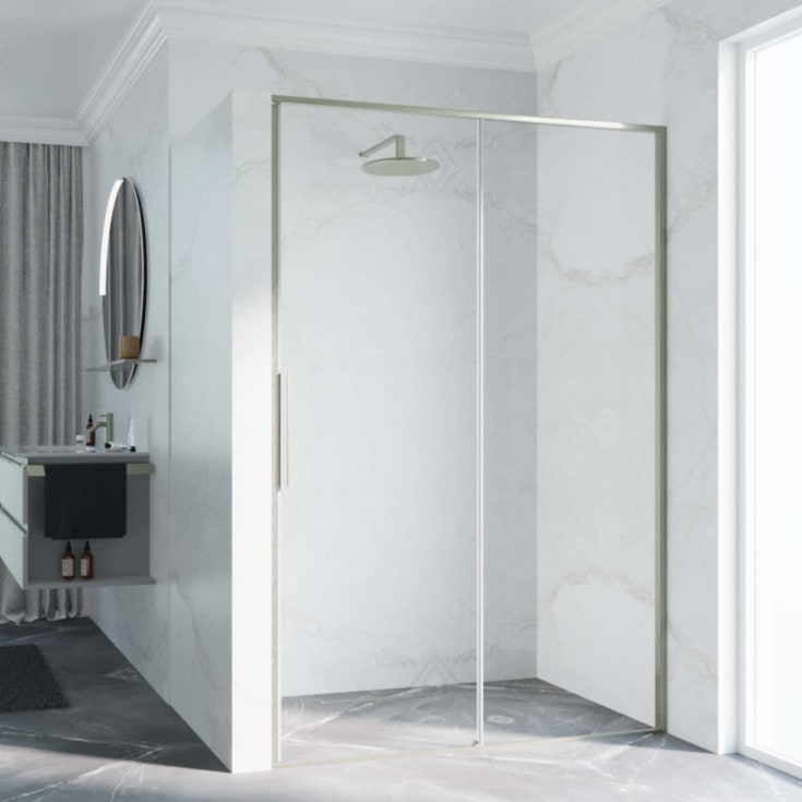 Novellini Riga 2P skyvedør høyre, 116-119 cm, klart glass, børstet stål profil