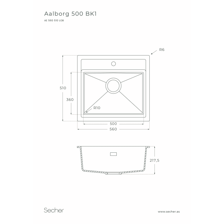 Secher Aalborg 500 BK1 køkkenvask, 56x51 cm, grå
